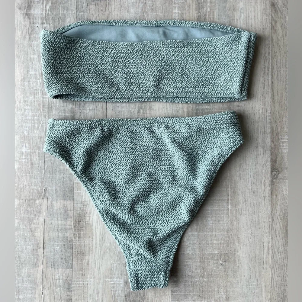 LA HEARTS Light Blue Textured Bikini Set Bandeau Top & High Cut Bottoms Size XS - Picture 2 of 5